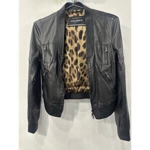 Dolce & Gabbana Lambskin Leather Front-Zip Bomber Jacket Black Women's Size 38